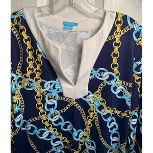 J McLaughlin Tunic Dress‎ Blue Chain Link V Neck Preppy Equestrian Size Large